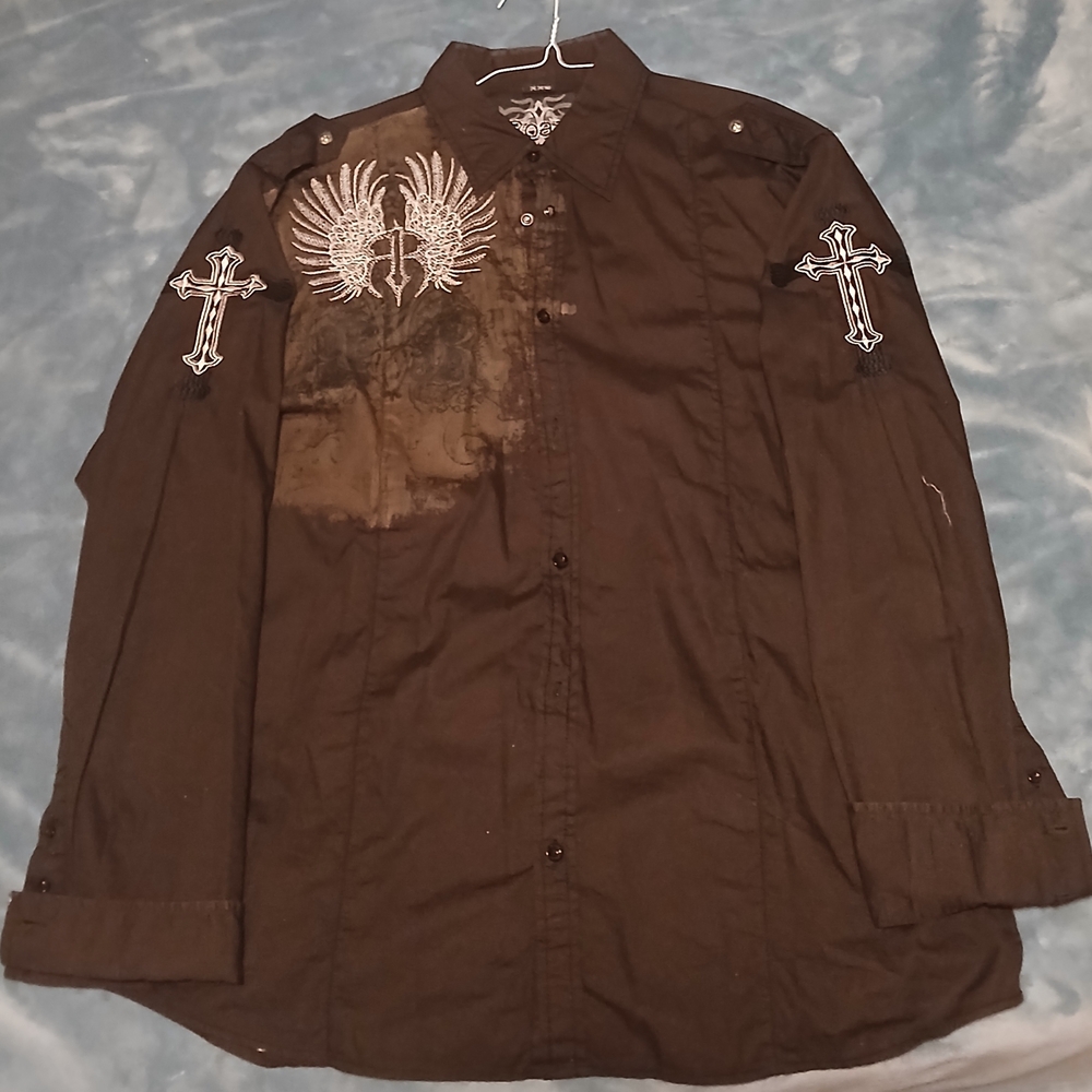 Y2K Mens Roar Black Dress Shirt with Silver Embroidery